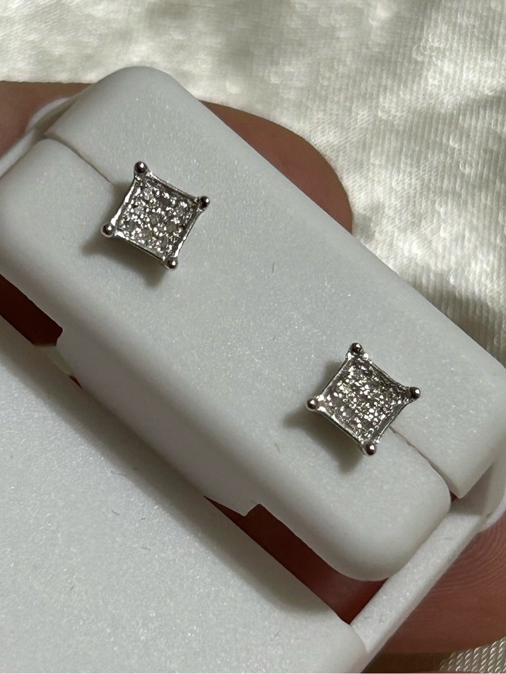 Sterling Silver Square Pavé Stud Earrings - White